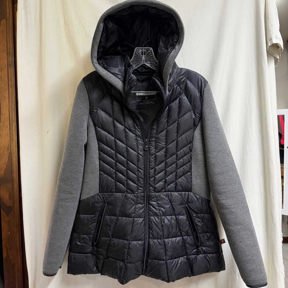 Bernardo Womens Mixed Media Quilted Hooded Jacket Black Gray Primaloft Medium
